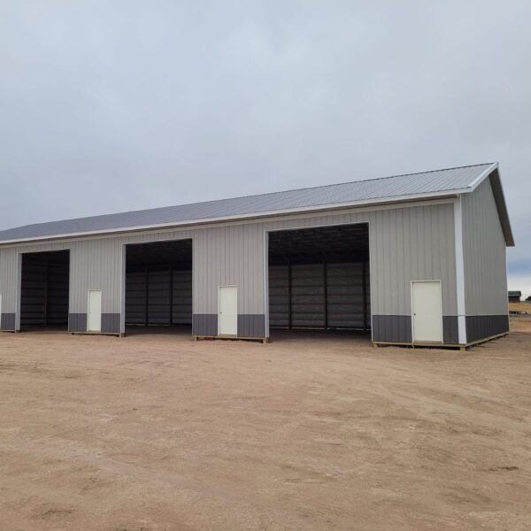 Pole barn with multiple doors. 